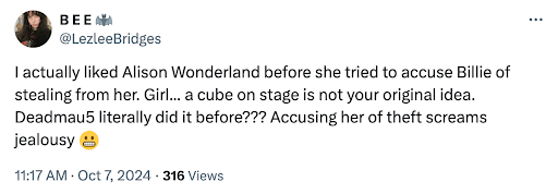 X post regarding the Alison Wonderland / Billie Eilish fan drama