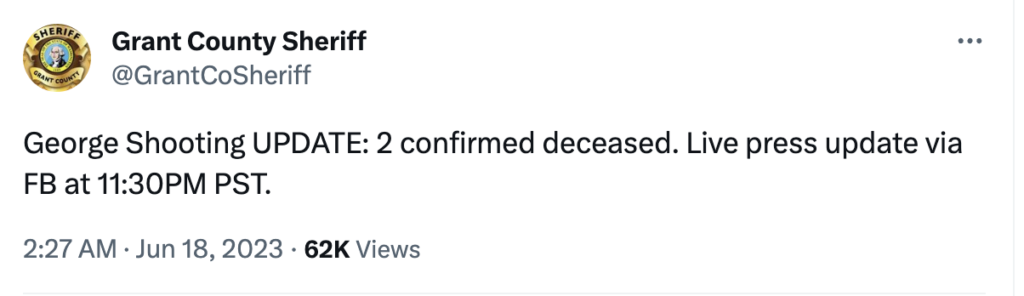 Tweet from Gorge County Authorites Regarding the 2 killed at Beyond Wonderland.