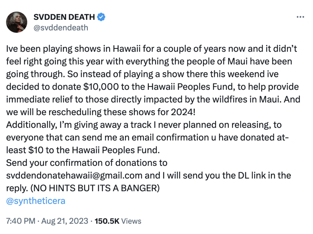 svdden death donates to hawaii relief