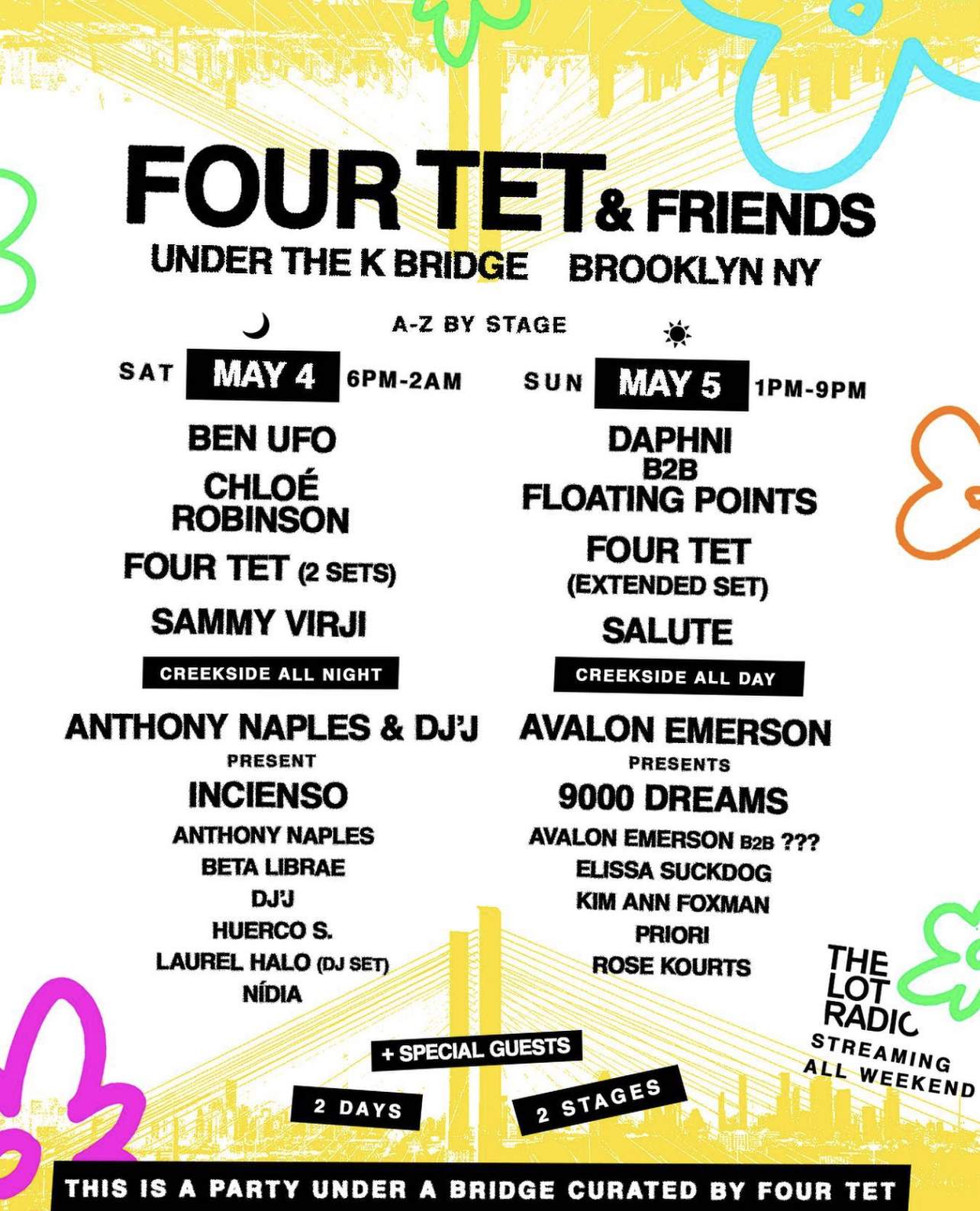 Four Tet and Friends's lineup poster of performances for the Under the K Bridge park event. 