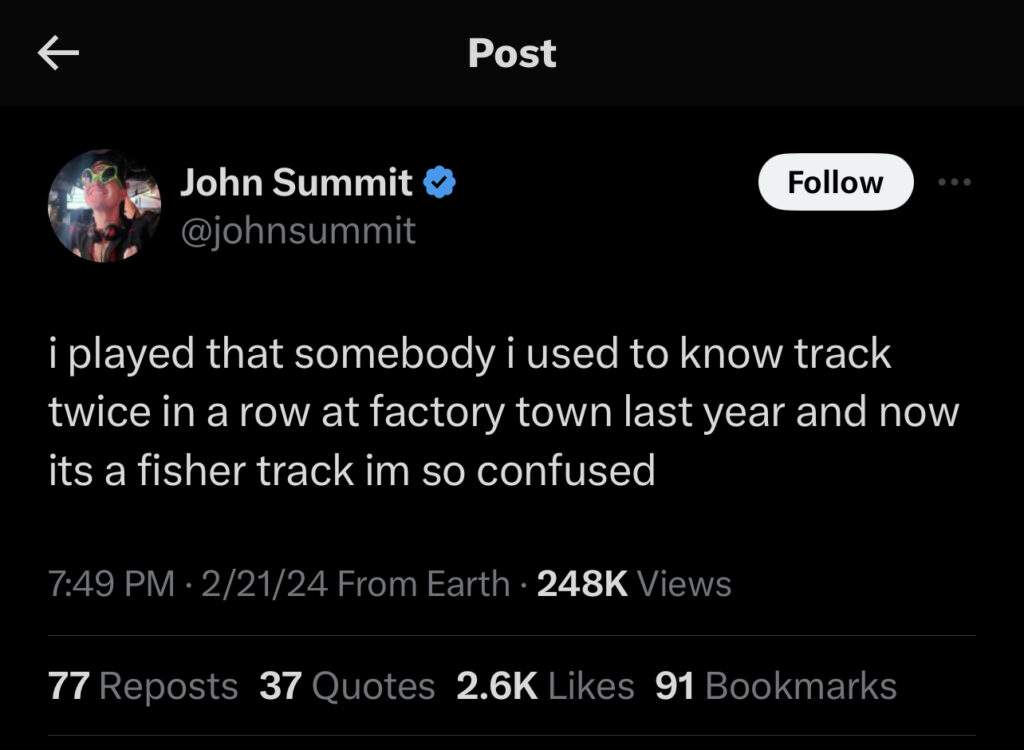 John Summit accuses Fisher of stealing his "Somebody That I Used To Know" remix in a new post on X. 