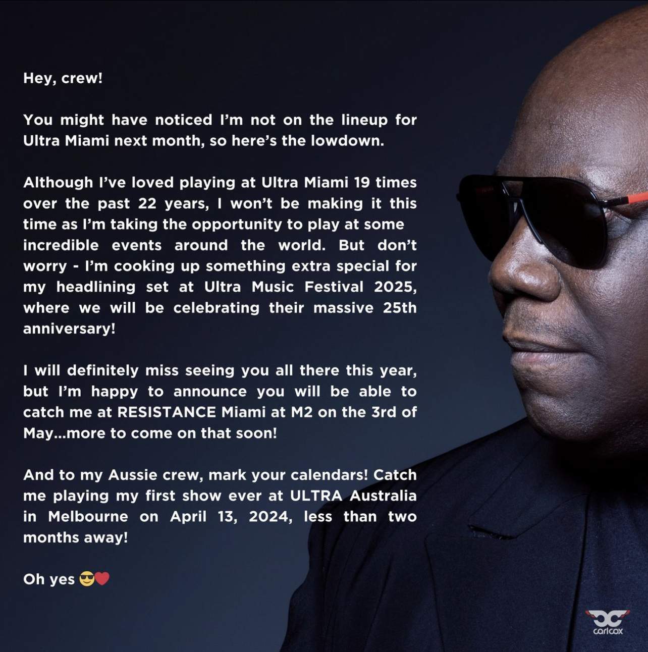 Carl Cox reveals the reasoning behind his absence of the Ultra Miami's 2024 lineup.