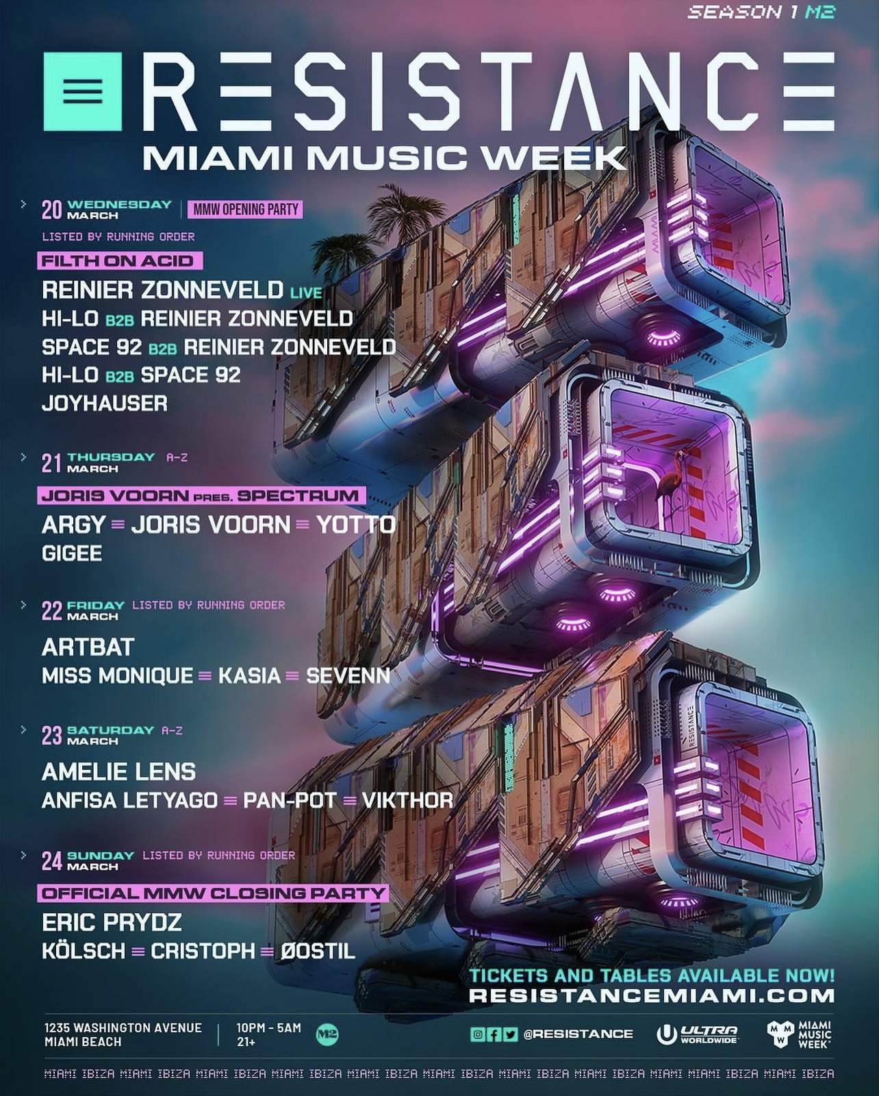 An official poster that lists the artists to headline RESISTANCE Miami Music Week at M2. 