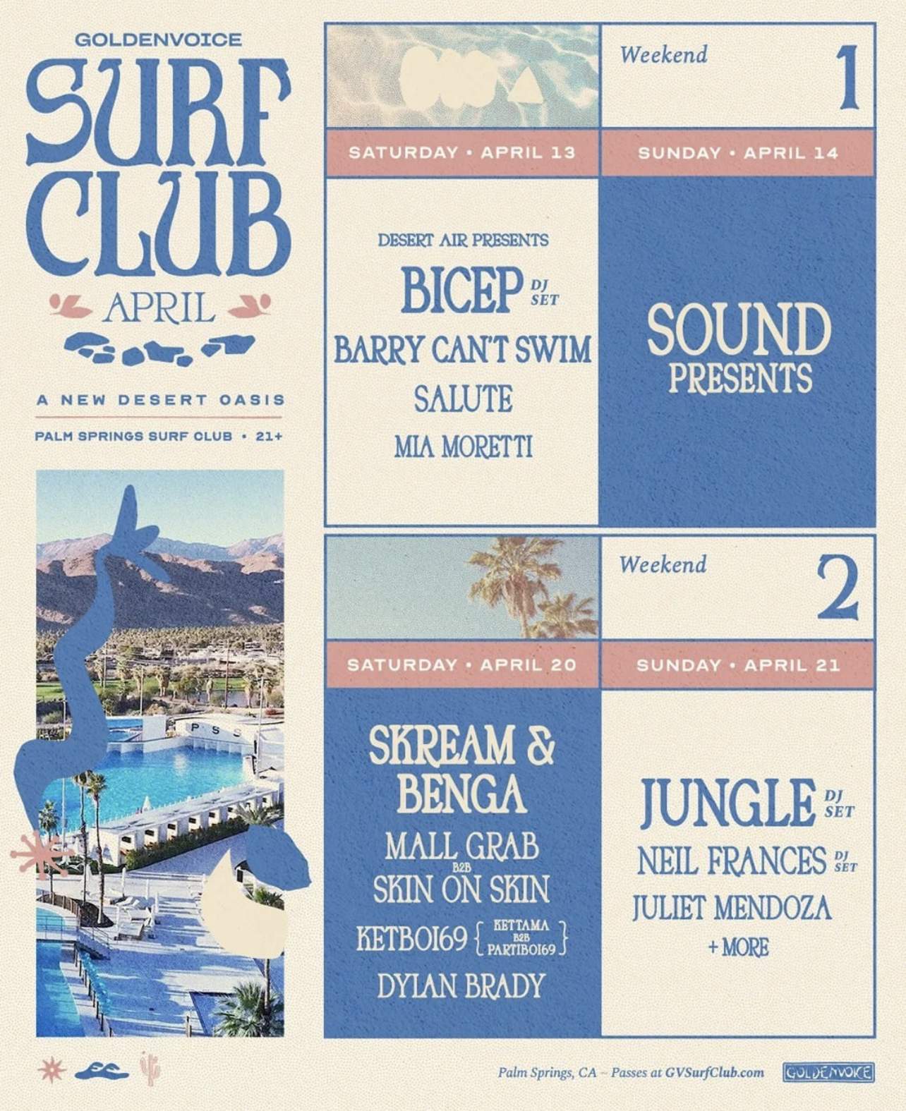 Poster for Goldenvoice launching its Surf Club festival at the Palm Springs Surf Club. 