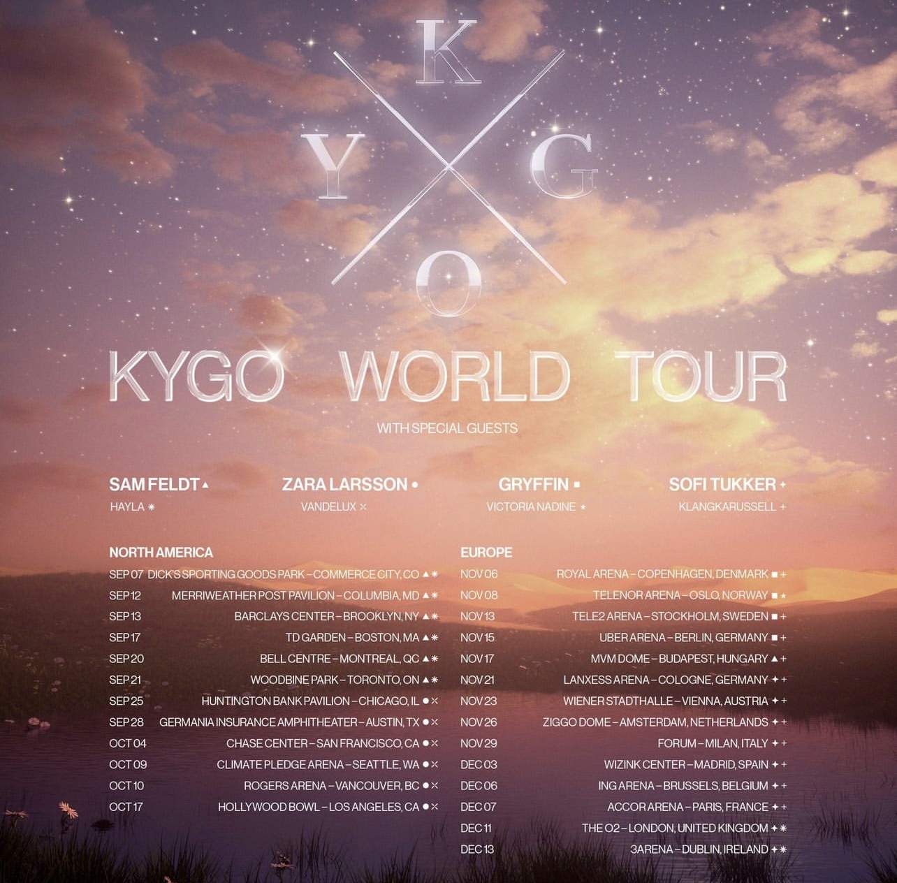 Official poster of dates and locations for Kygo's global tour.