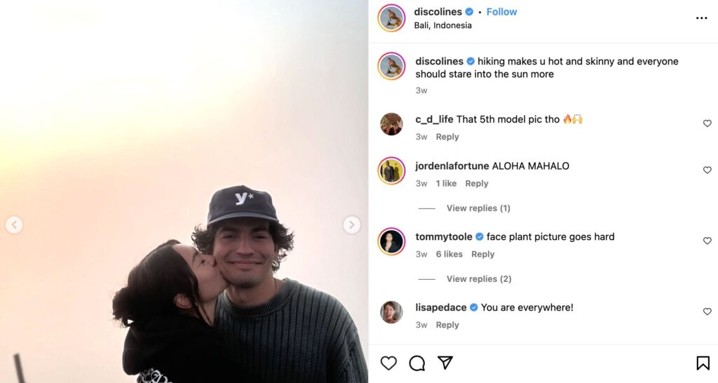 disco lines instagram post with girlfriend lara kissing his cheel