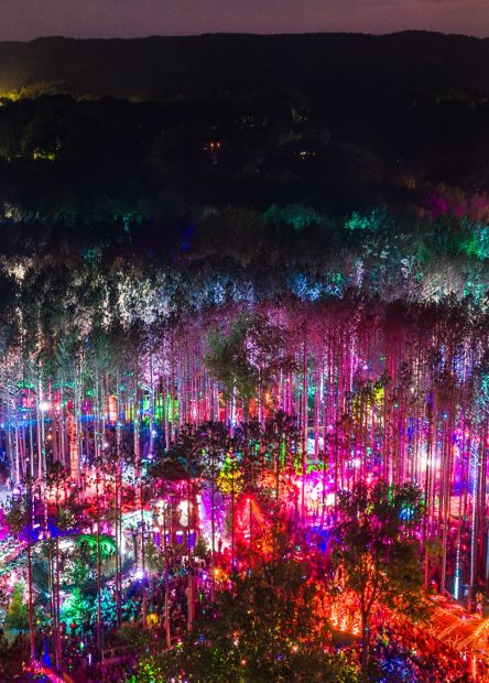 Overhead view of glowing festival grounds at Electric Forest Music Festival