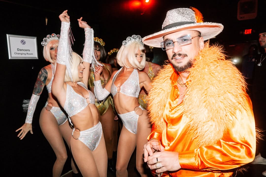 Disco Dom at new venue re:frame studios by Framework in Los Angeles with disco backup dancers